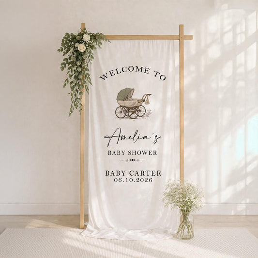 Baby Shower Welcome Sign Tapestry, Personalized Baby Shower Banner, Vintage Pram Baby Shower Decor, Neutral Baby Party Backdrop Sign