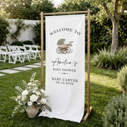 Baby Shower Welcome Sign Tapestry, Personalized Baby Shower Banner, Vintage Pram Baby Shower Decor, Neutral Baby Party Backdrop Sign