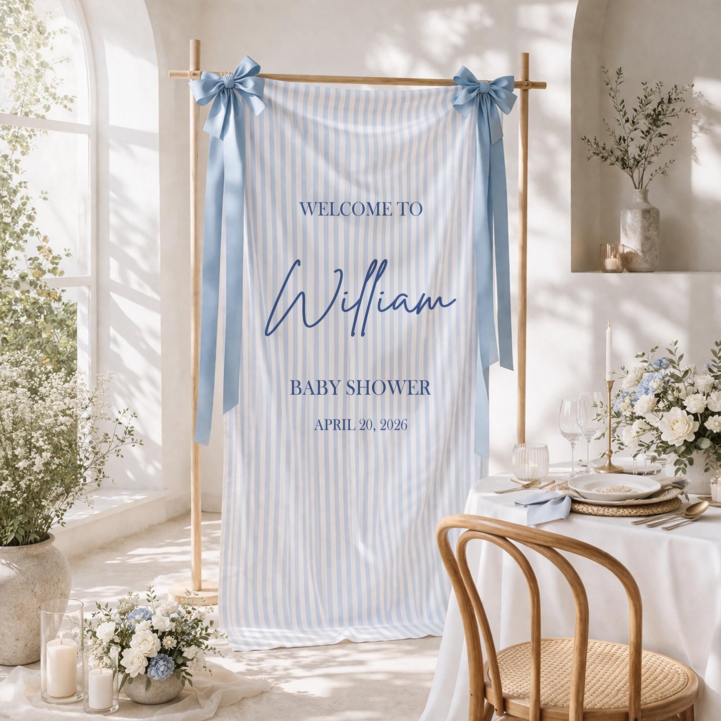 Baby Shower Welcome Sign Tapestry, Personalized Baby Shower Banner, Blue Stripe Baby Shower Decor, Custom Name Baby Party Backdrop