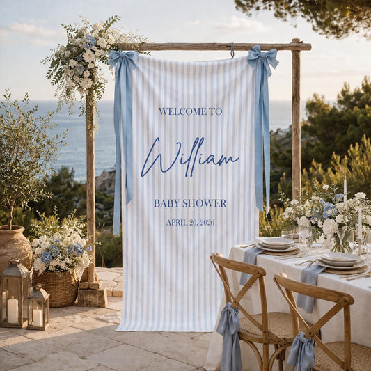 Baby Shower Welcome Sign Tapestry, Personalized Baby Shower Banner, Blue Stripe Baby Shower Decor, Custom Name Baby Party Backdrop