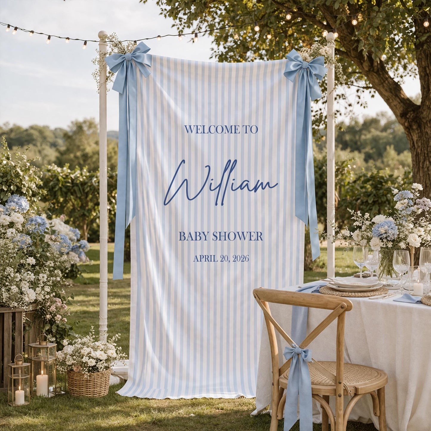 Baby Shower Welcome Sign Tapestry, Personalized Baby Shower Banner, Blue Stripe Baby Shower Decor, Custom Name Baby Party Backdrop