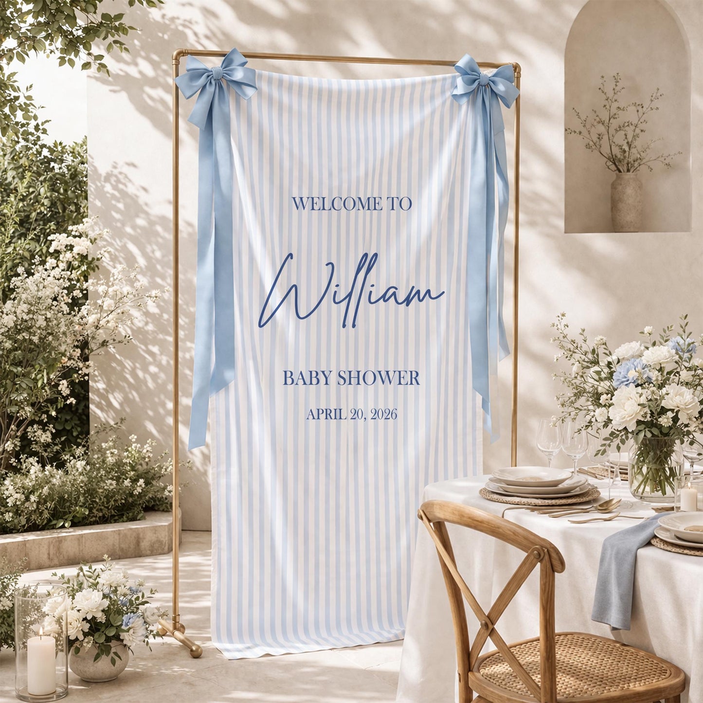 Baby Shower Welcome Sign Tapestry, Personalized Baby Shower Banner, Blue Stripe Baby Shower Decor, Custom Name Baby Party Backdrop