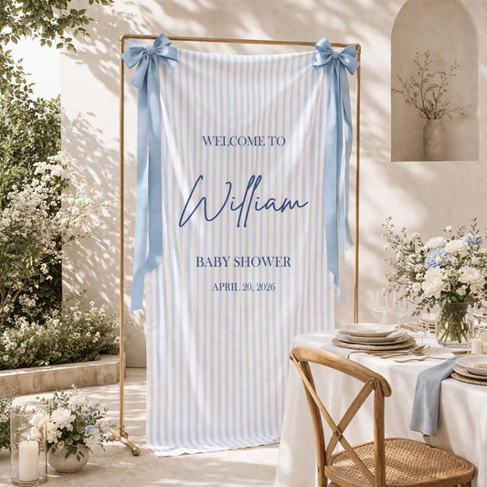 Baby Shower Welcome Sign Tapestry, Personalized Baby Shower Banner, Blue Stripe Baby Shower Decor, Custom Name Baby Party Backdrop