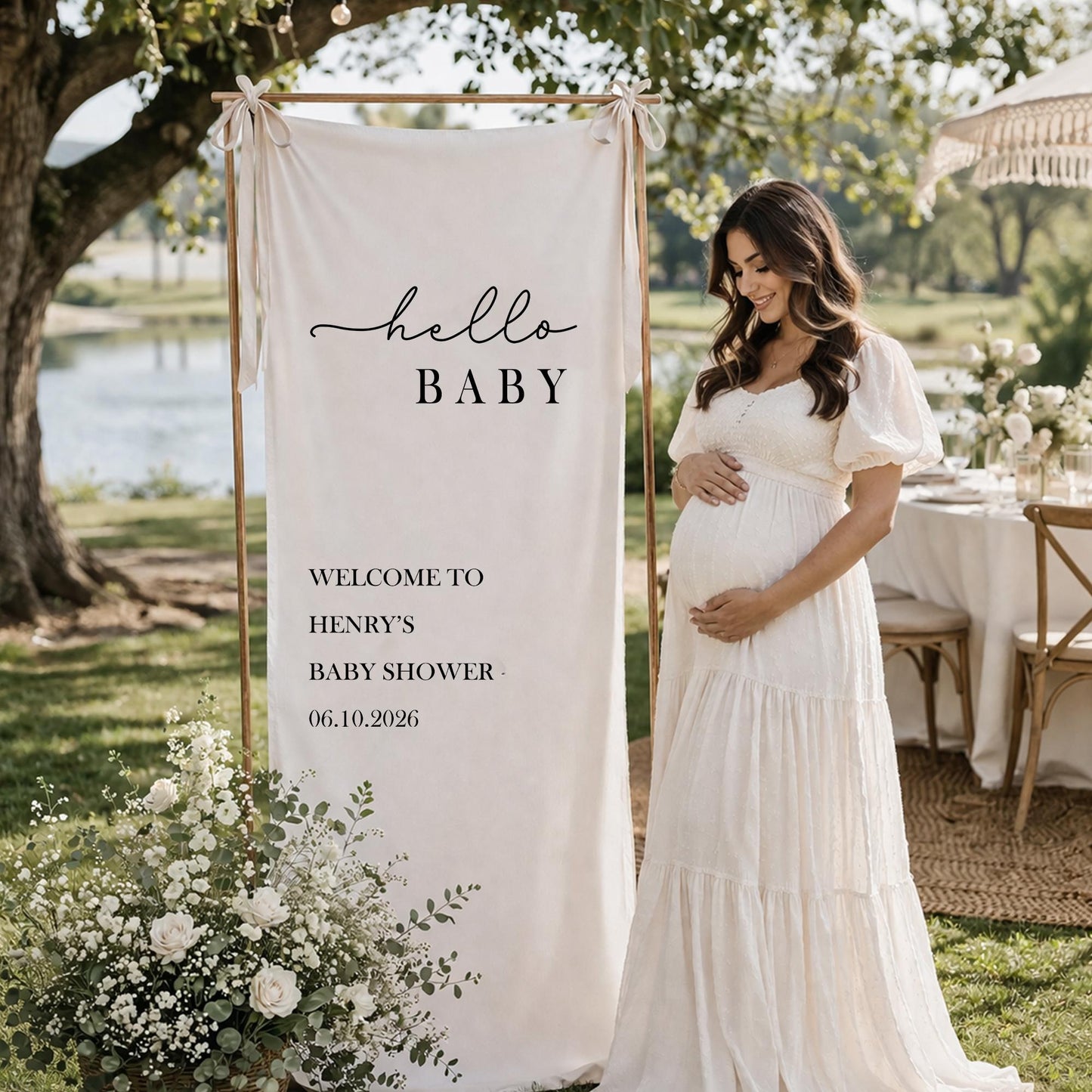 Personalized Baby Shower Welcome Sign, Hello Baby Banner, Custom Baby Shower Backdrop, Neutral Boho Baby Shower Decor Sign