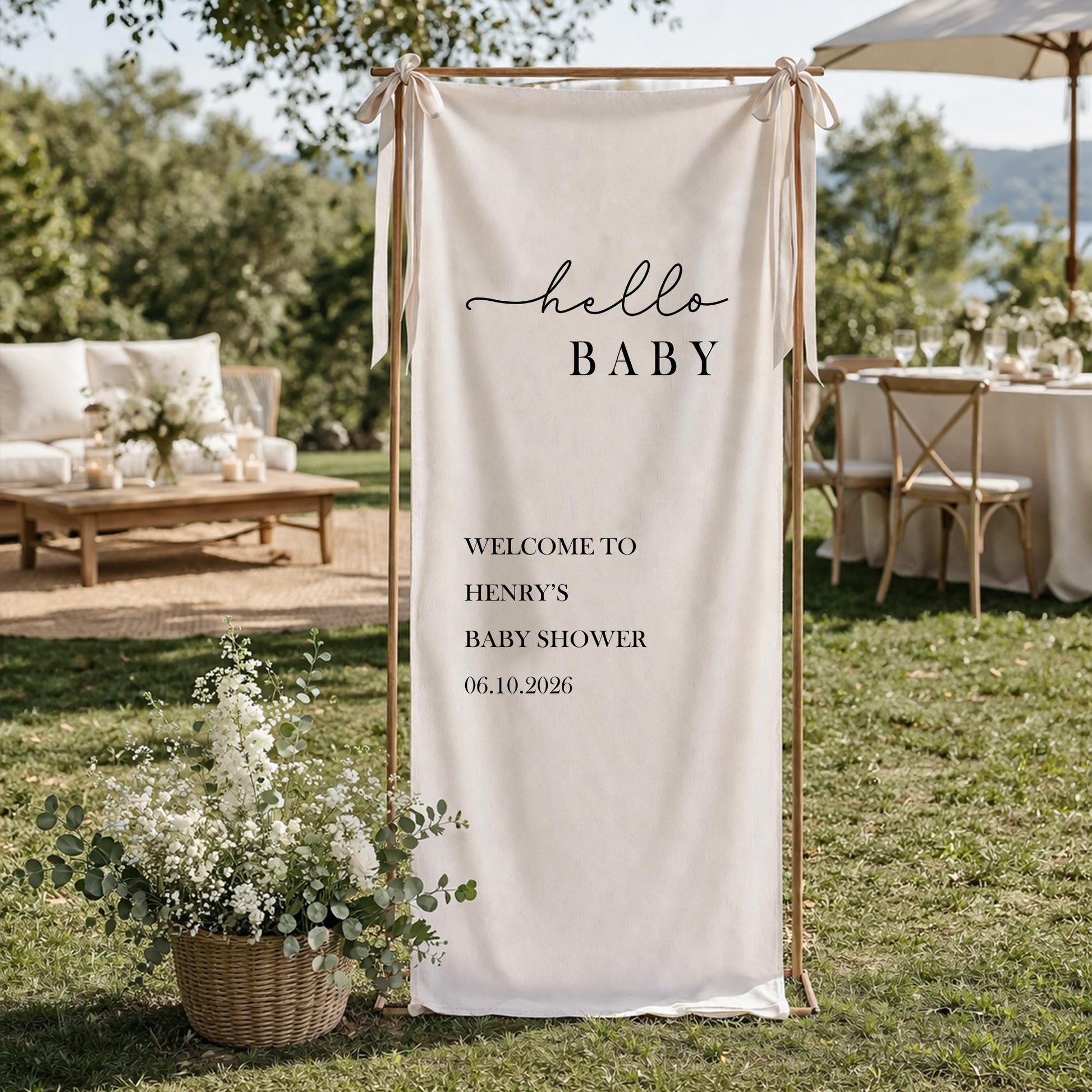 Personalized Baby Shower Welcome Sign, Hello Baby Banner, Custom Baby Shower Backdrop, Neutral Boho Baby Shower Decor Sign